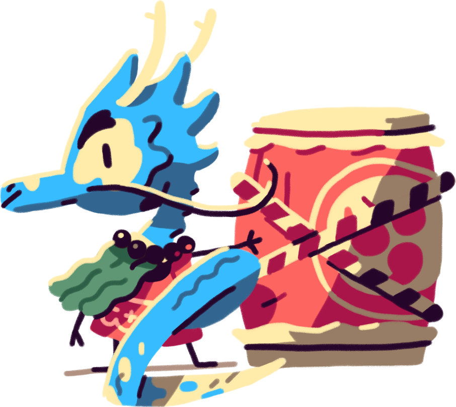 Two colourful Wanderblue characters carrying a drum
