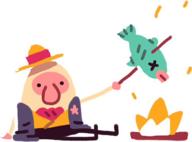 A Wanderblue character cooking a fish over a campfire